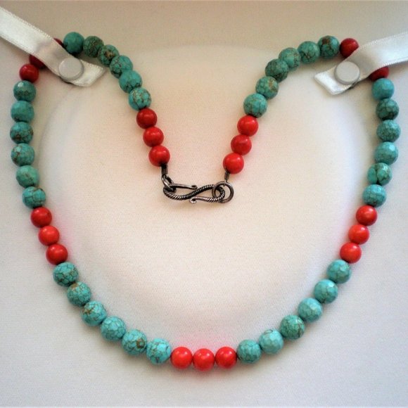 Vintage Faceted Turquoise Red Coral Beads Beaded Necklace Sterling Silver Clasp